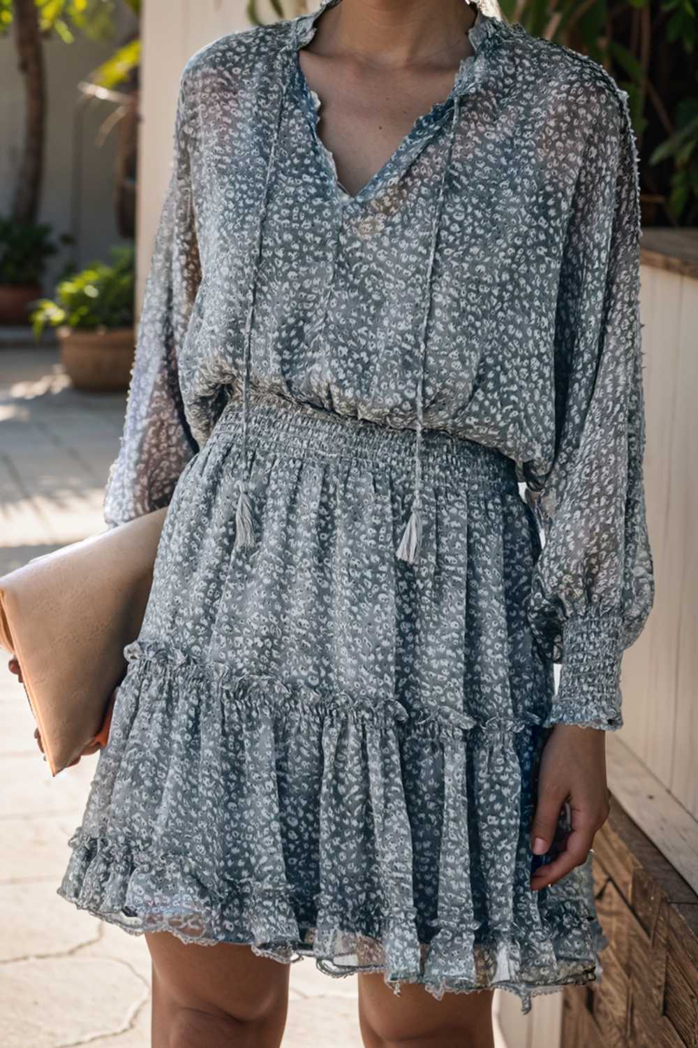 loose leopard print v neck dress drop shoulder a line closed cape paneled 109880