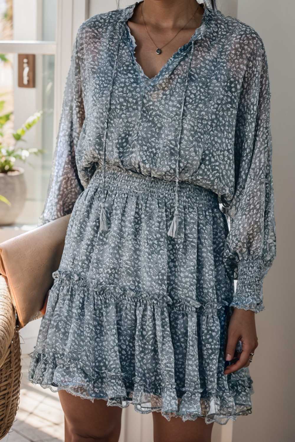 loose leopard print v neck dress drop shoulder a line closed cape paneled 109879