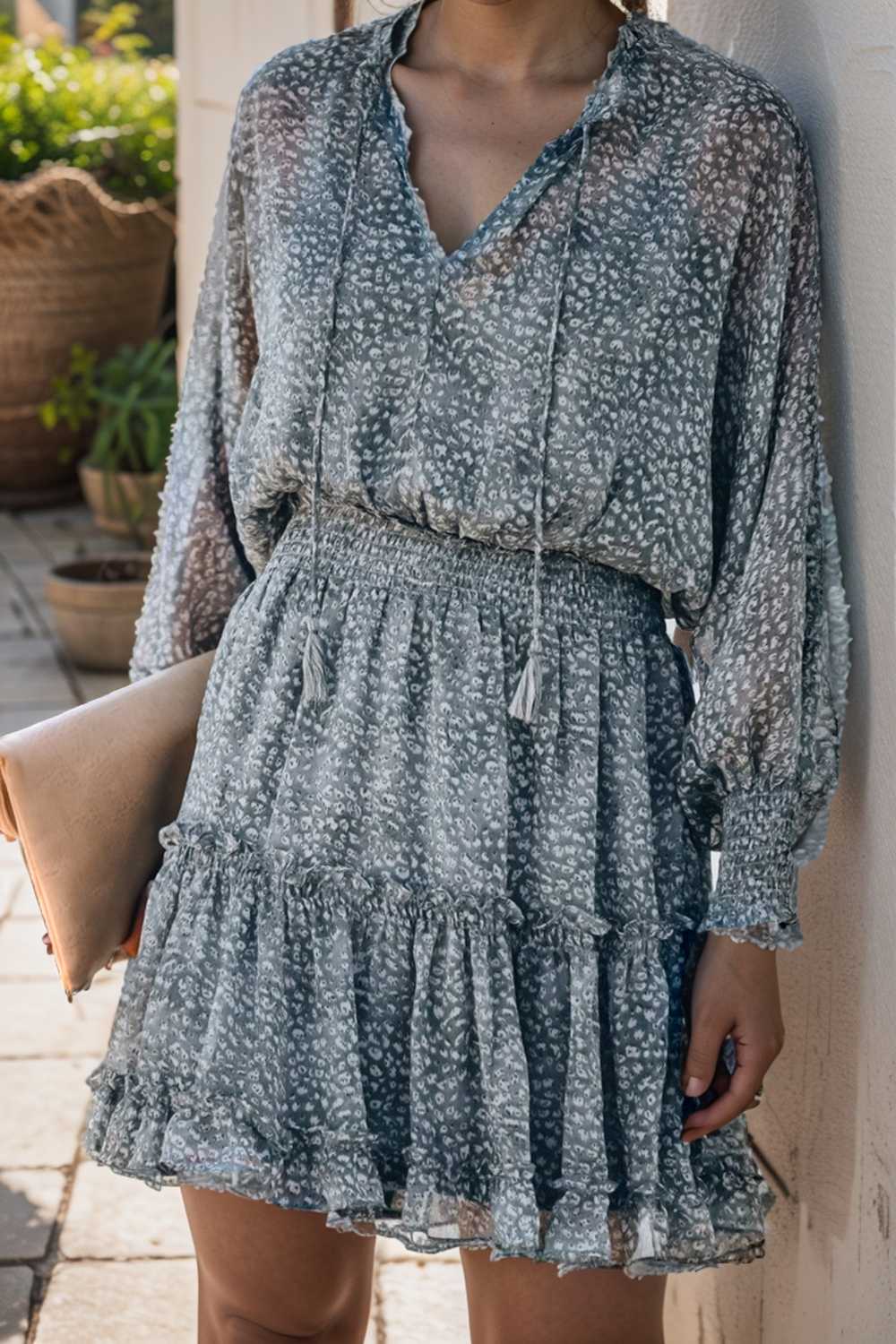 loose leopard print v neck dress drop shoulder a line closed cape paneled 109875