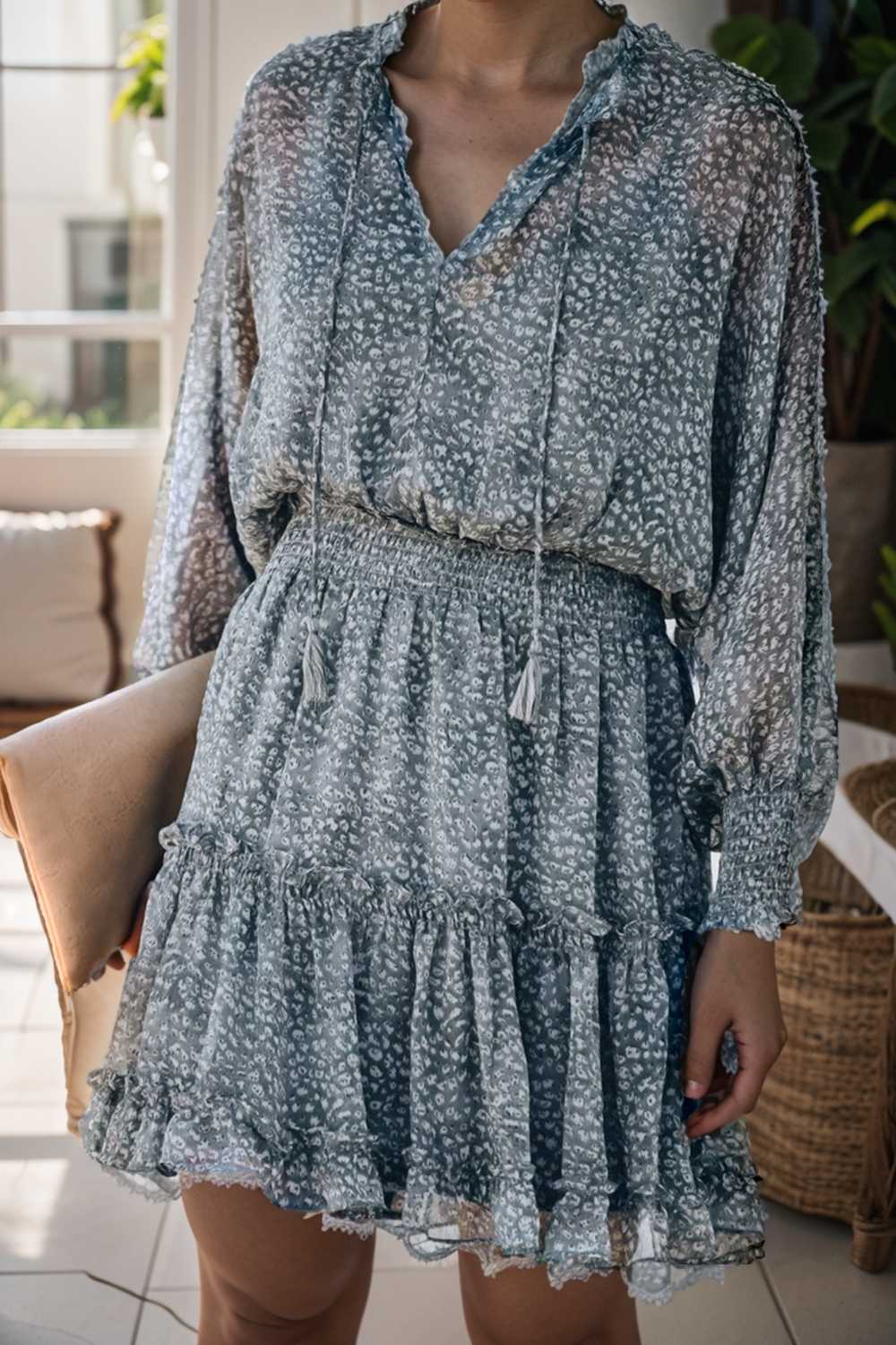 loose leopard print v neck dress drop shoulder a line closed cape paneled 109874