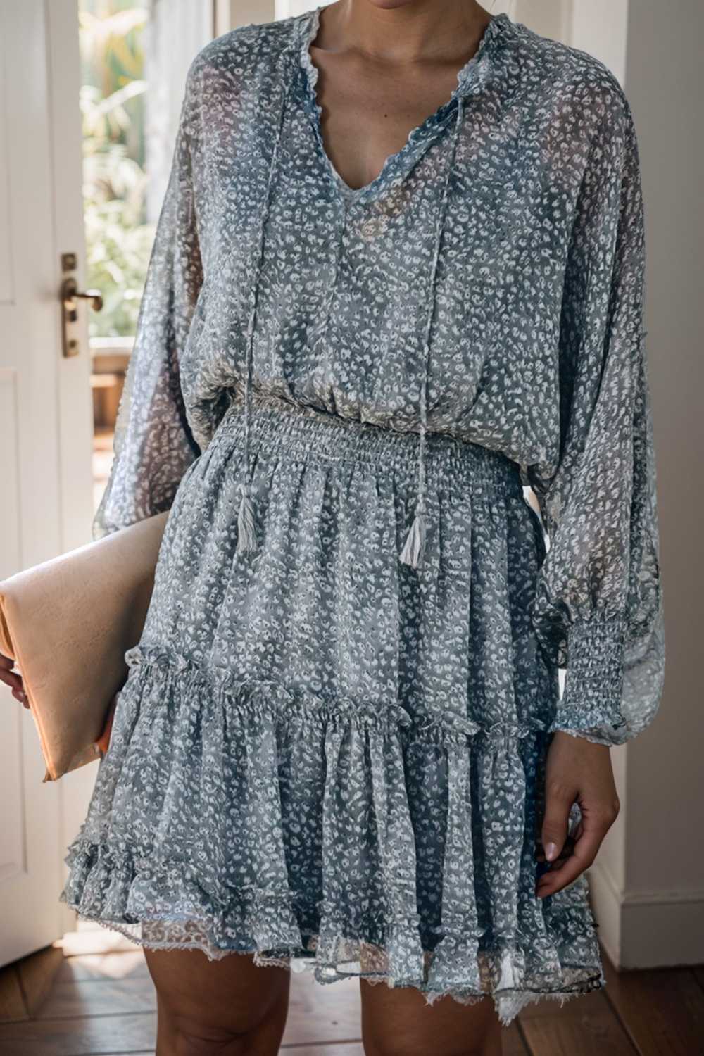 loose leopard print v neck dress drop shoulder a line closed cape paneled 109873