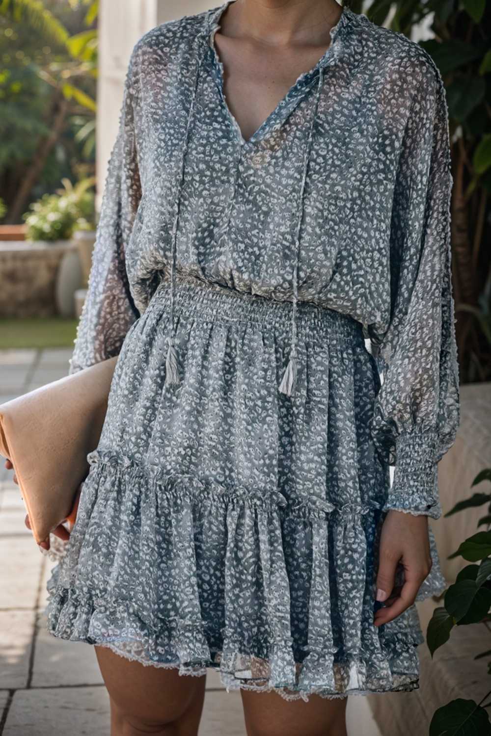 loose leopard print v neck dress drop shoulder a line closed cape paneled 109872