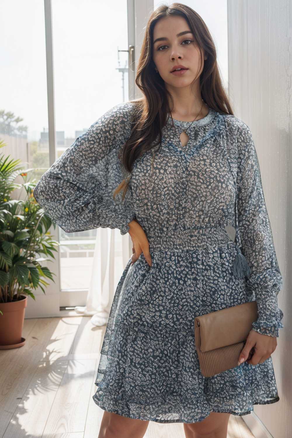 loose leopard print v neck dress drop shoulder a line closed cape paneled 142305