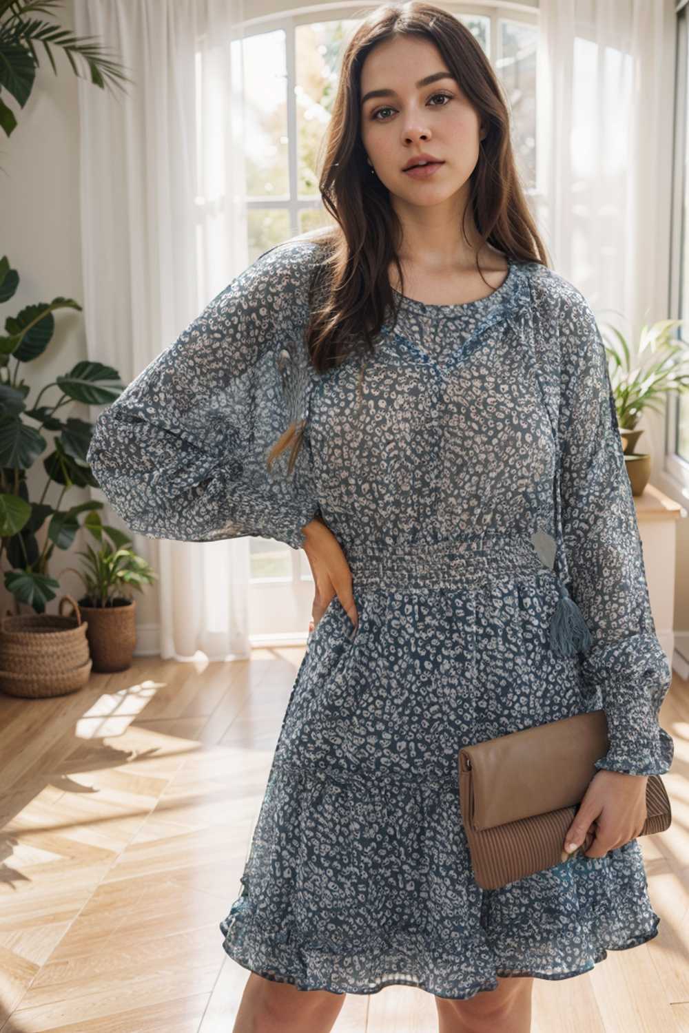 loose leopard print v neck dress drop shoulder a line closed cape paneled 108208