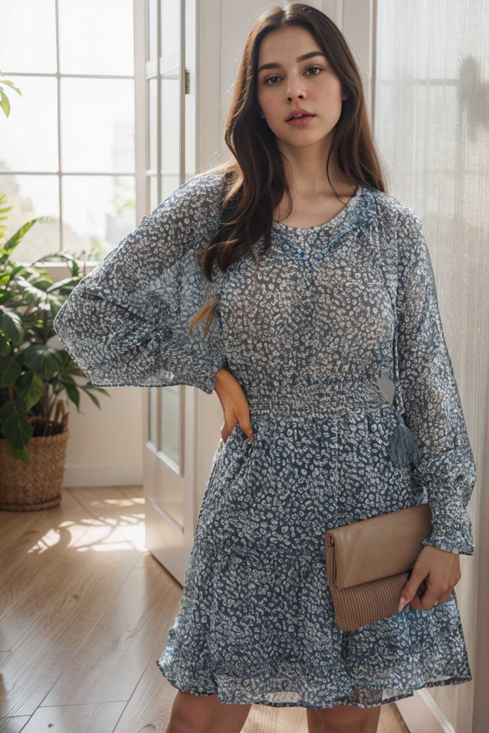 loose leopard print v neck dress drop shoulder a line closed cape paneled 126178
