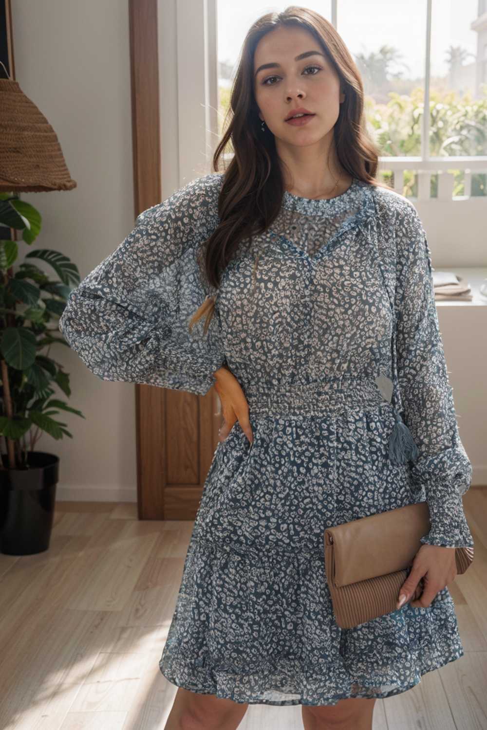loose leopard print v neck dress drop shoulder a line closed cape paneled 110859