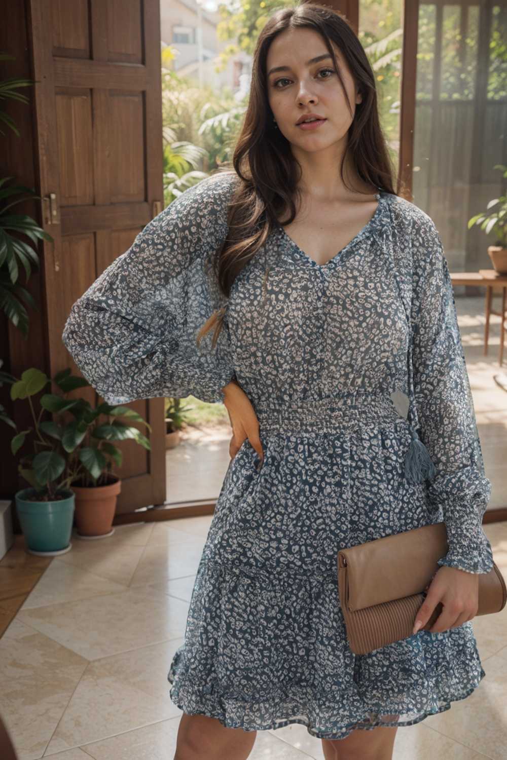 loose leopard print v neck dress drop shoulder a line closed cape paneled 131848