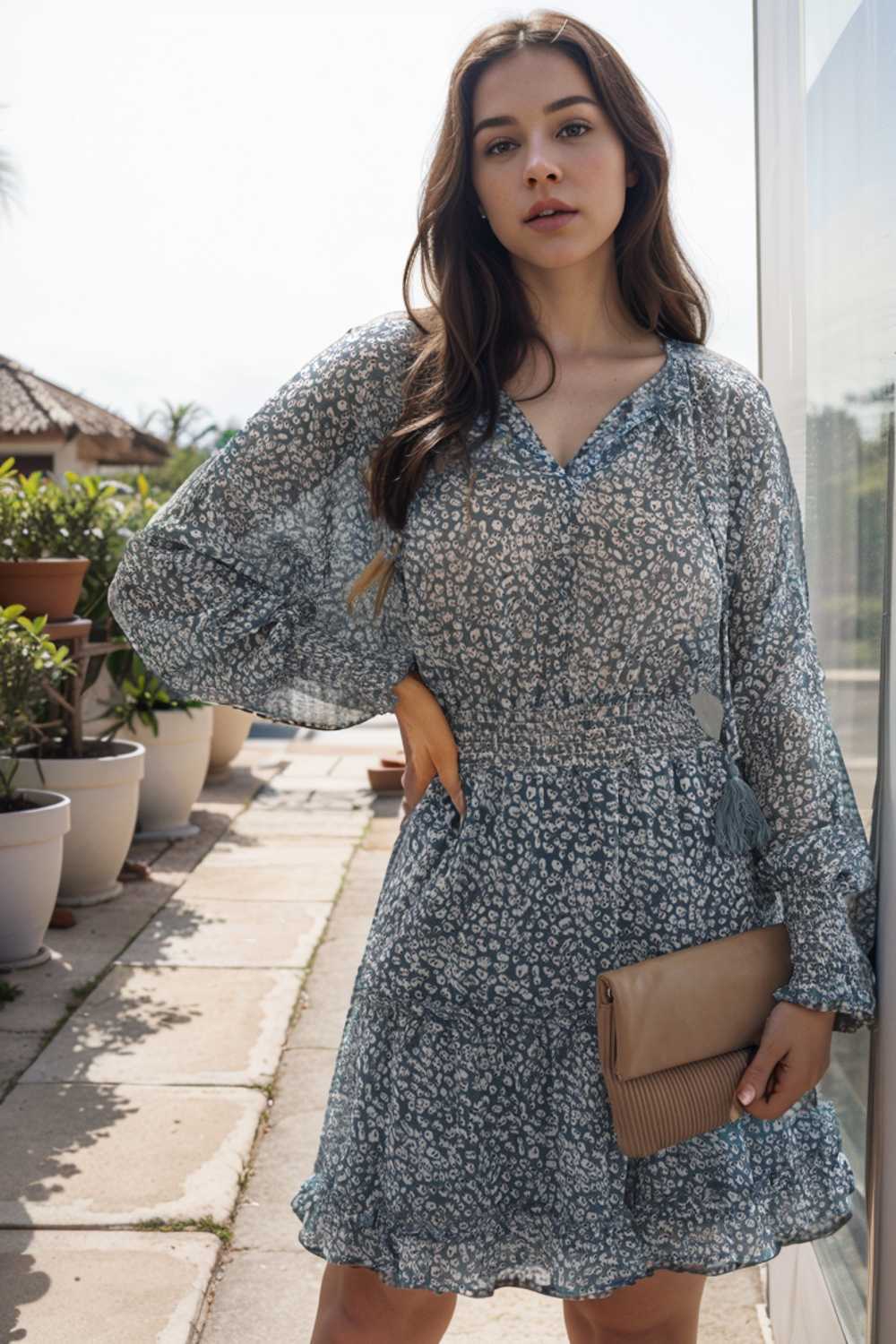 loose leopard print v neck dress drop shoulder a line closed cape paneled 107663