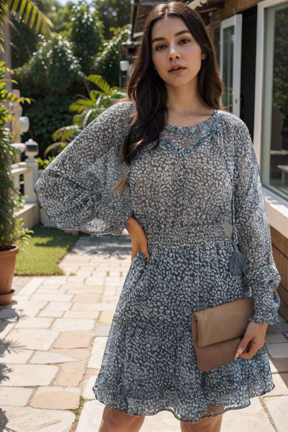 loose leopard print v neck dress drop shoulder a line closed cape paneled 109871