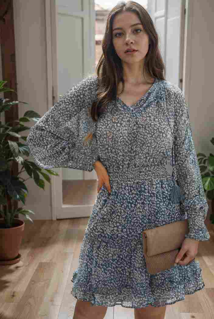 loose leopard print v neck dress drop shoulder a line closed cape paneled 131169
