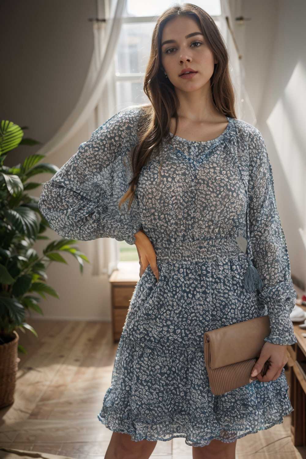 loose leopard print v neck dress drop shoulder a line closed cape paneled 135986