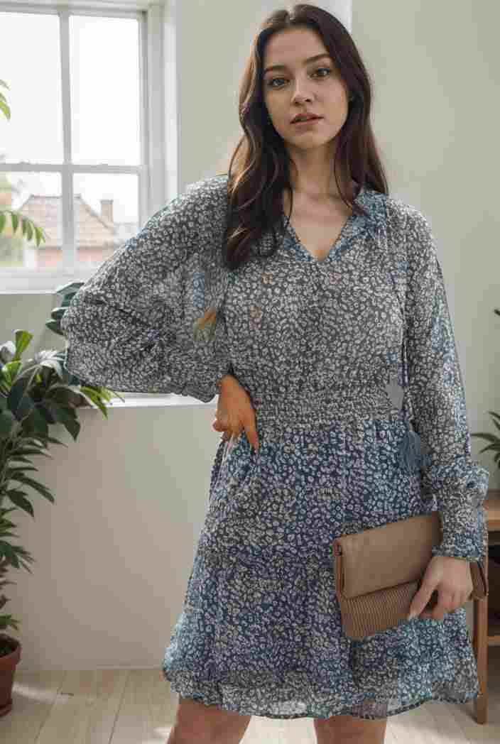 loose leopard print v neck dress drop shoulder a line closed cape paneled 118779