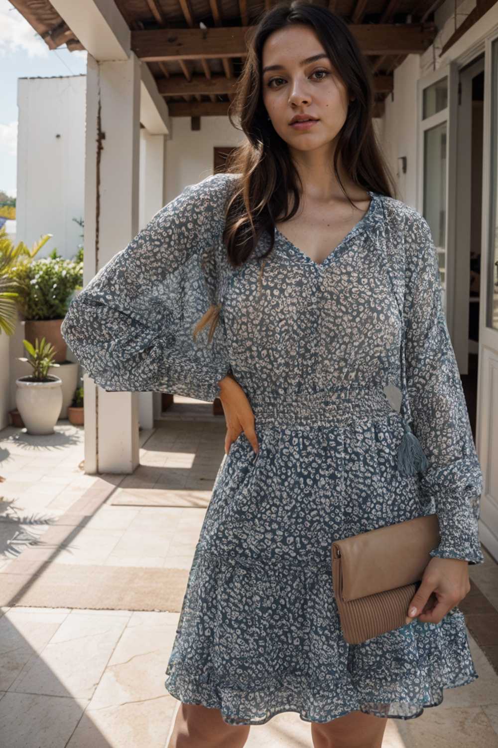 loose leopard print v neck dress drop shoulder a line closed cape paneled 132854