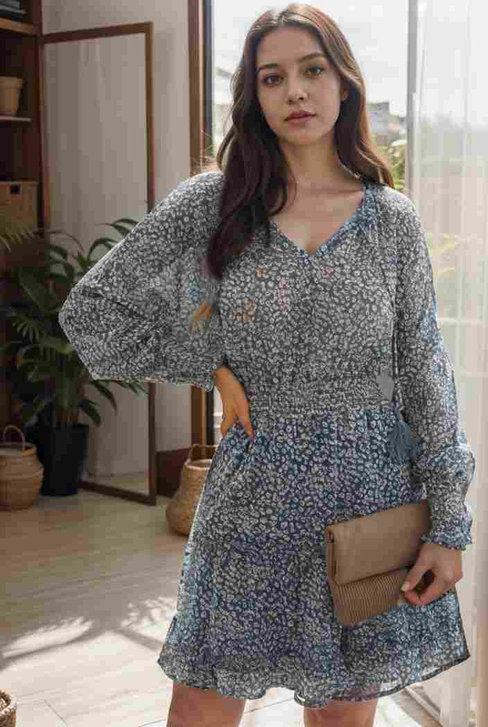 loose leopard print v neck dress drop shoulder a line closed cape paneled 131168