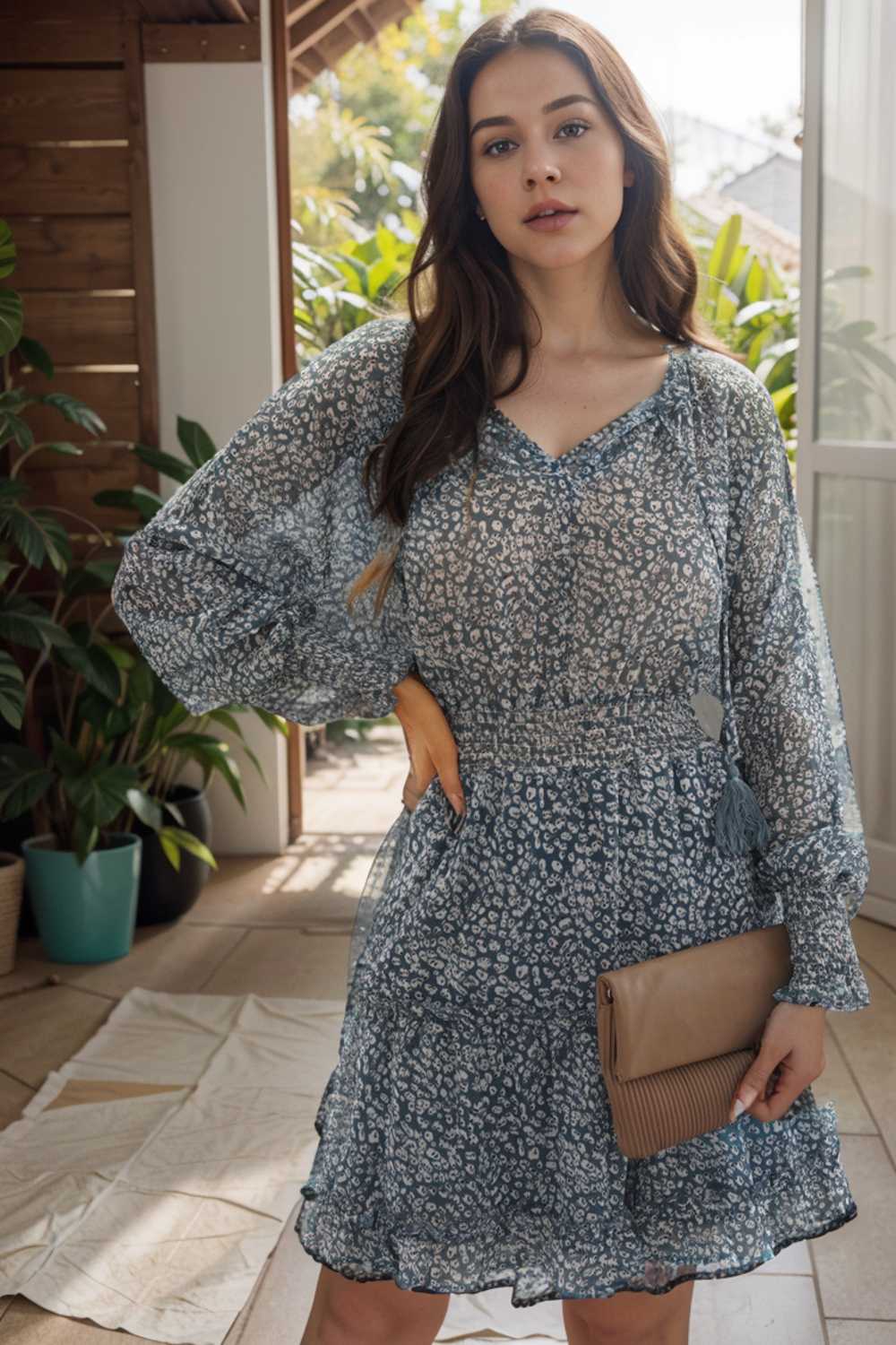 loose leopard print v neck dress drop shoulder a line closed cape paneled 135985