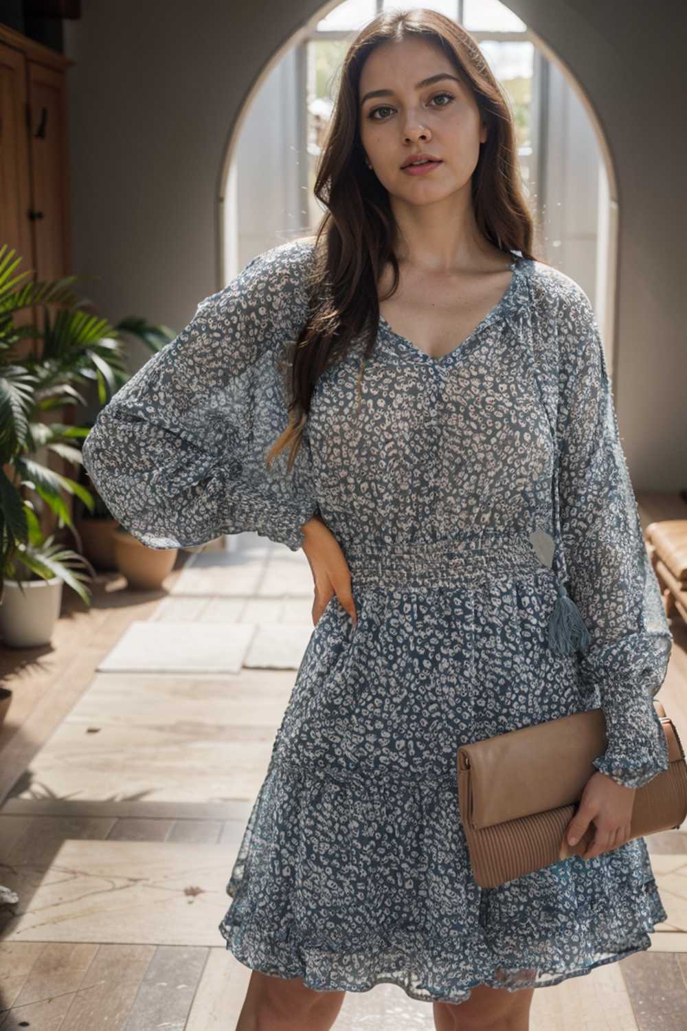 loose leopard print v neck dress drop shoulder a line closed cape paneled 115705