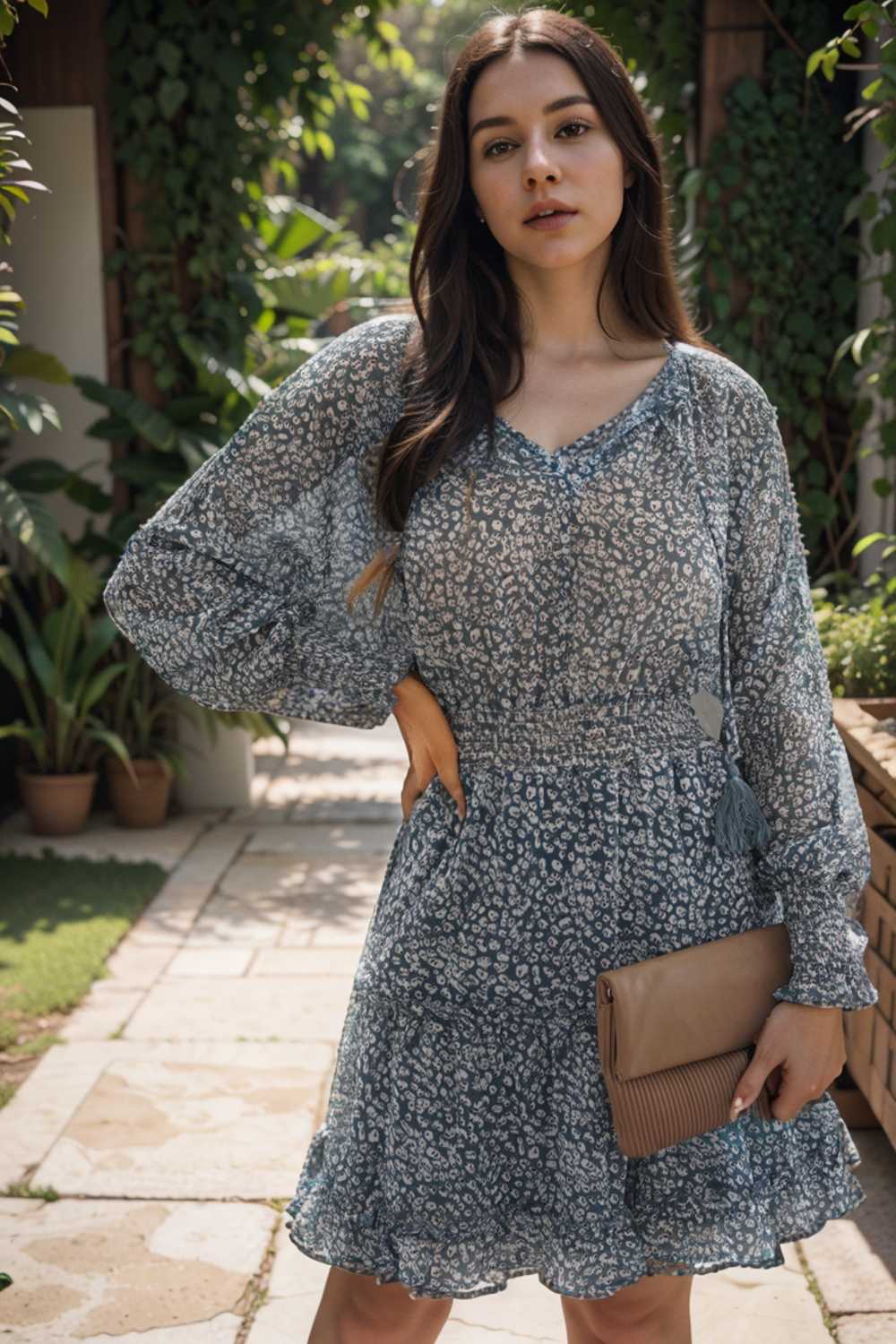 loose leopard print v neck dress drop shoulder a line closed cape paneled 126177