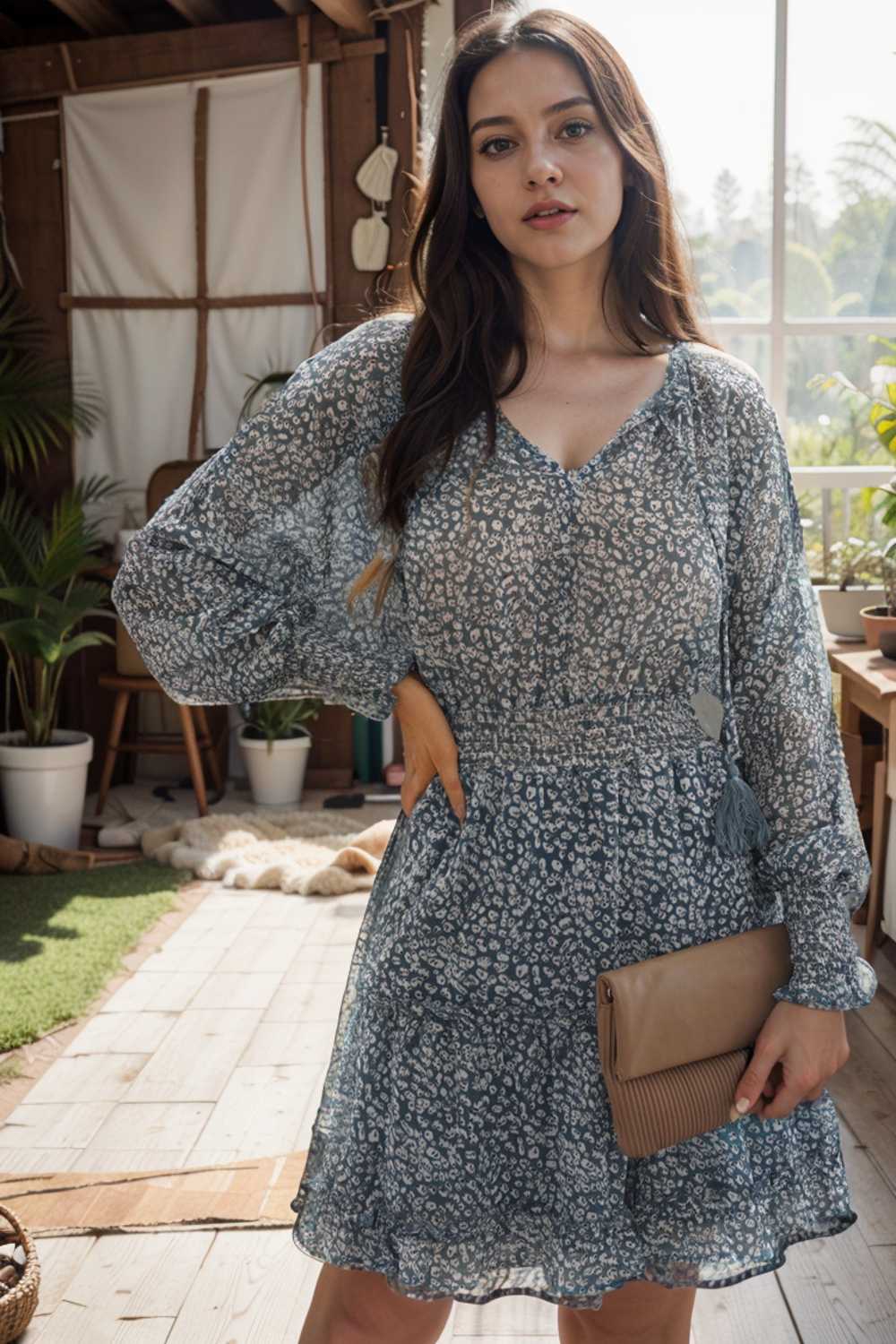 loose leopard print v neck dress drop shoulder a line closed cape paneled 111824
