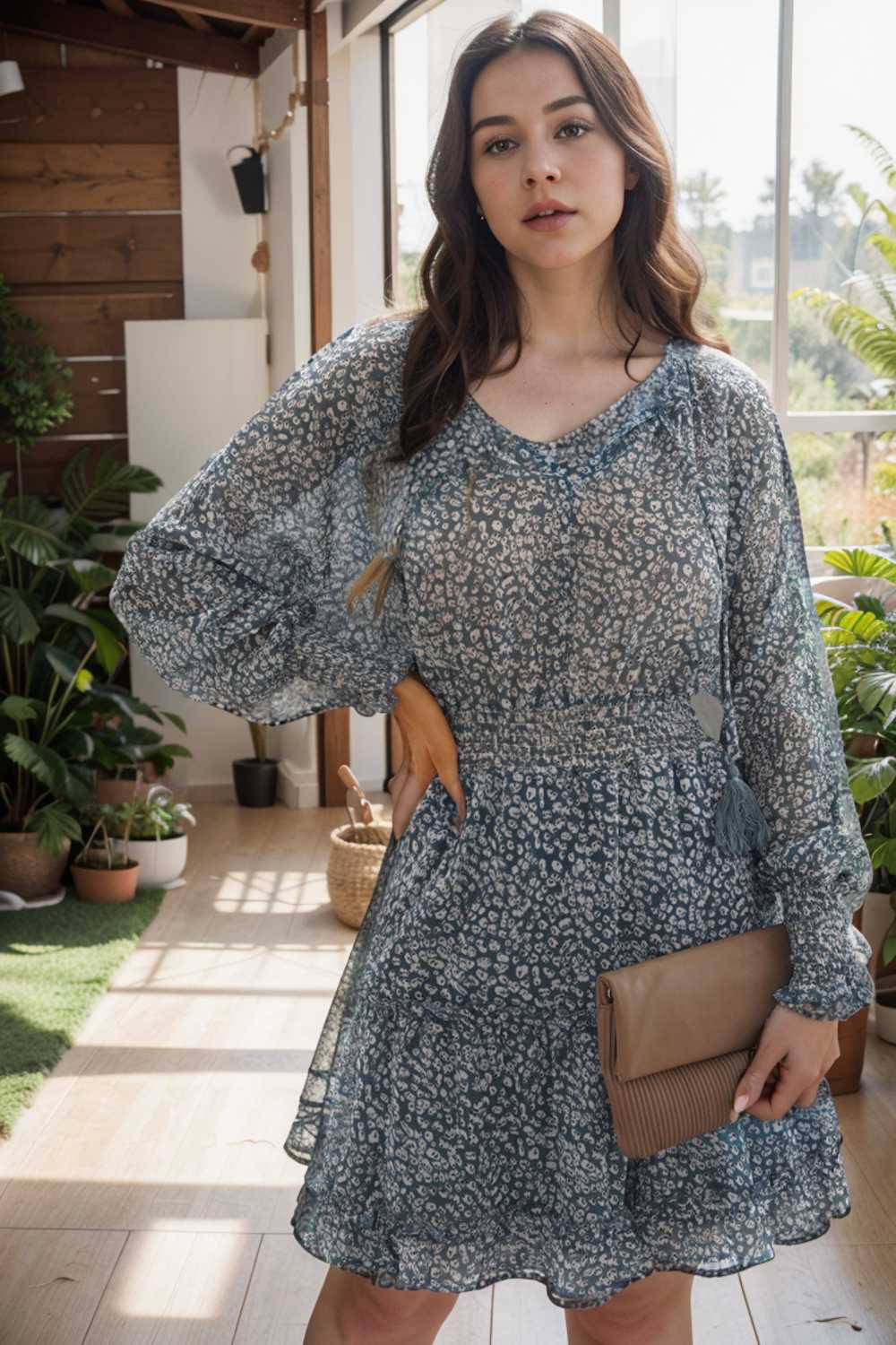 loose leopard print v neck dress drop shoulder a line closed cape paneled 109870
