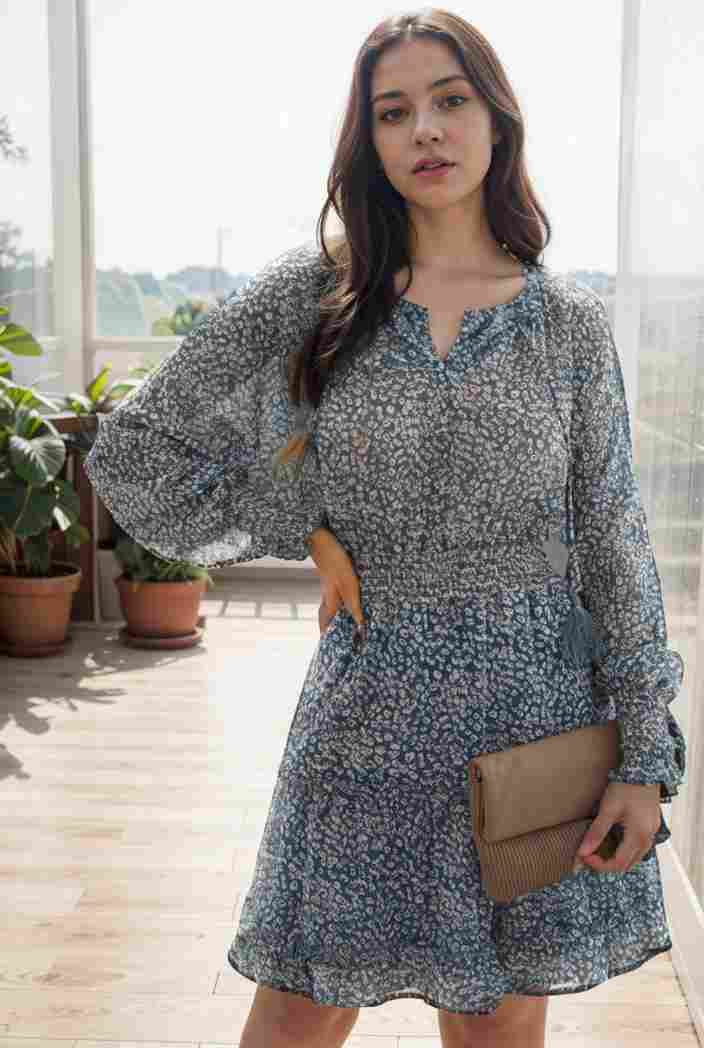 loose leopard print v neck dress drop shoulder a line closed cape paneled 118777