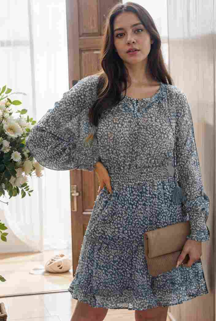 loose leopard print v neck dress drop shoulder a line closed cape paneled 131167