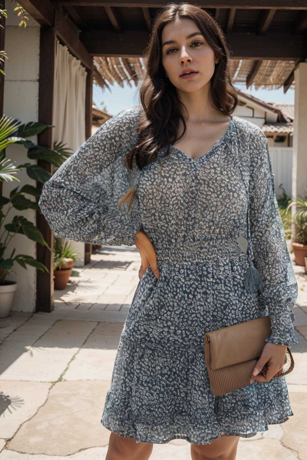 loose leopard print v neck dress drop shoulder a line closed cape paneled 109869