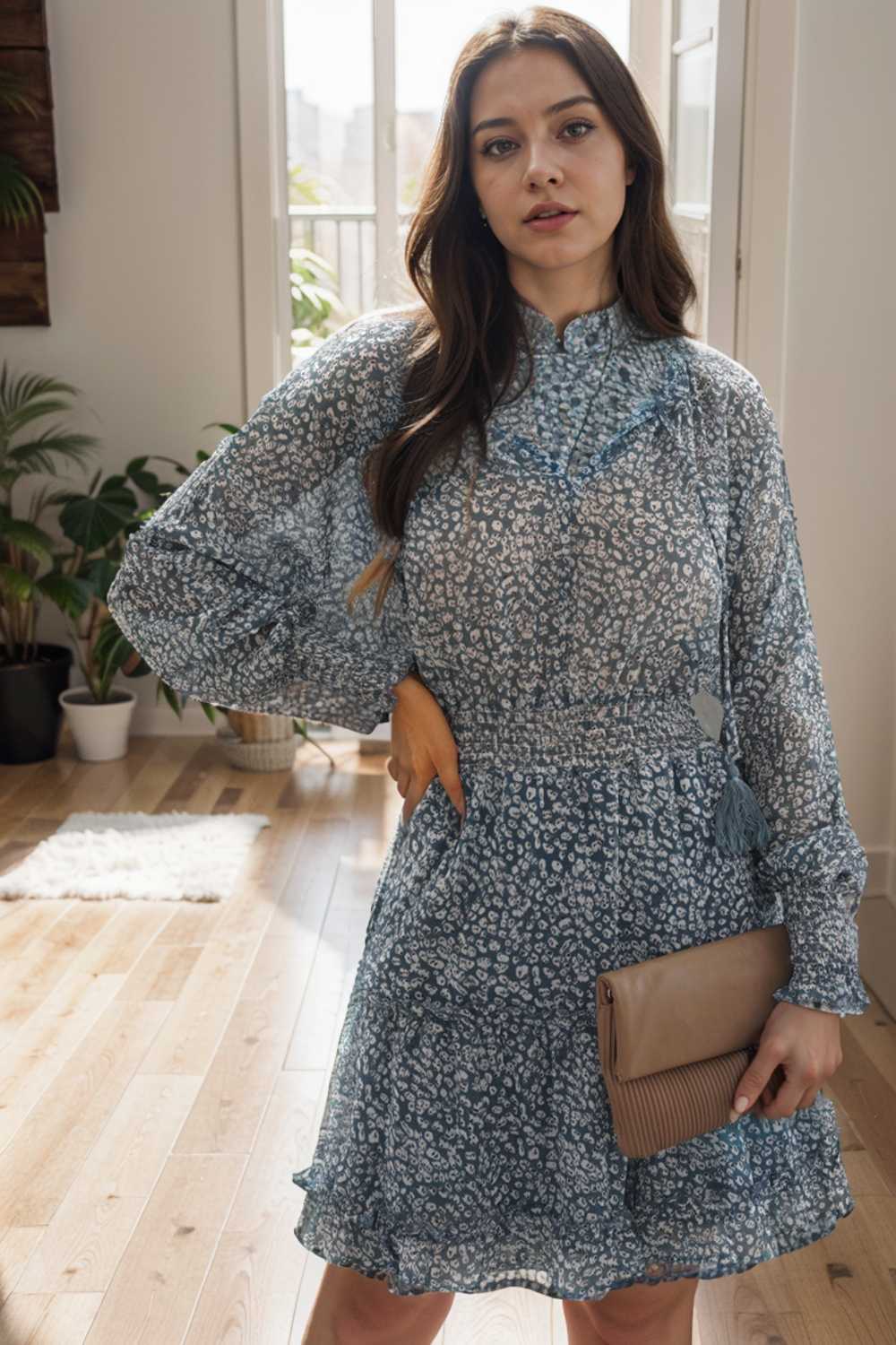 loose leopard print v neck dress drop shoulder a line closed cape paneled 115704