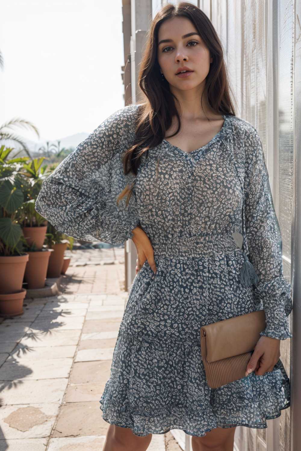 loose leopard print v neck dress drop shoulder a line closed cape paneled 110857