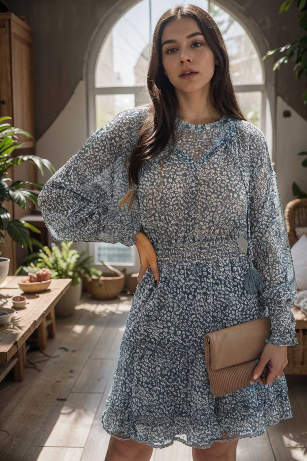 loose leopard print v neck dress drop shoulder a line closed cape paneled 135984