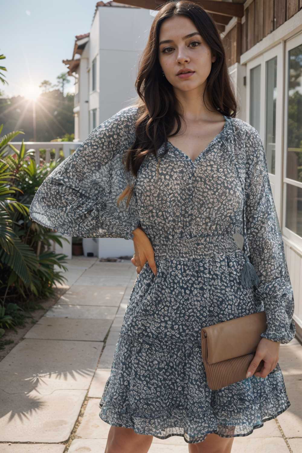 loose leopard print v neck dress drop shoulder a line closed cape paneled 132852