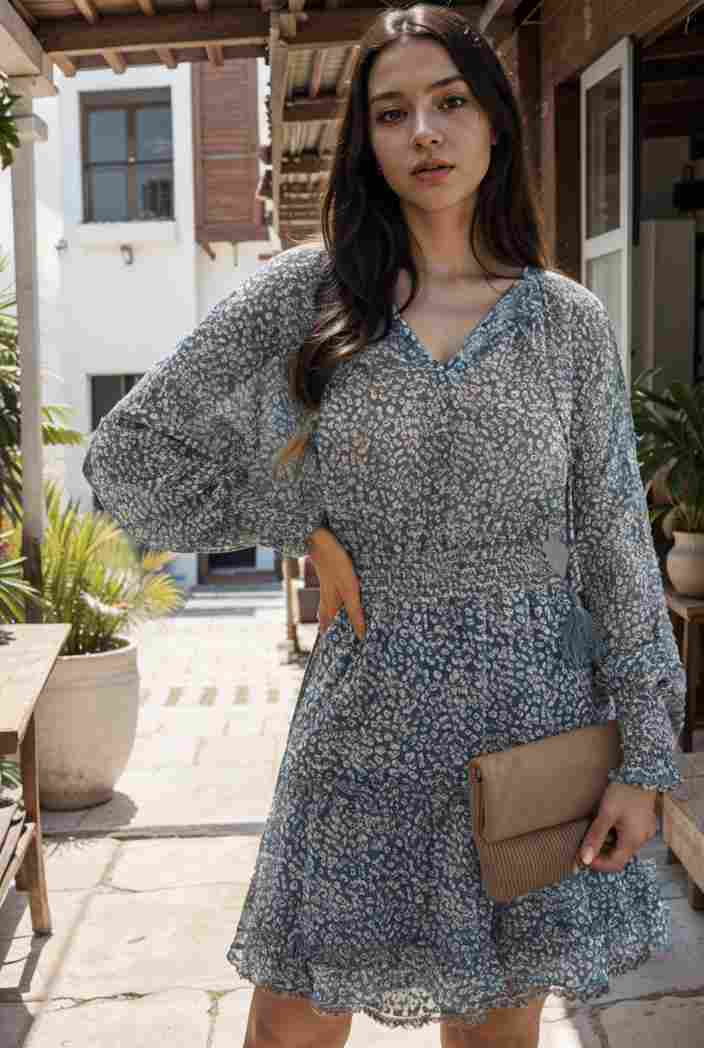 loose leopard print v neck dress drop shoulder a line closed cape paneled 118776