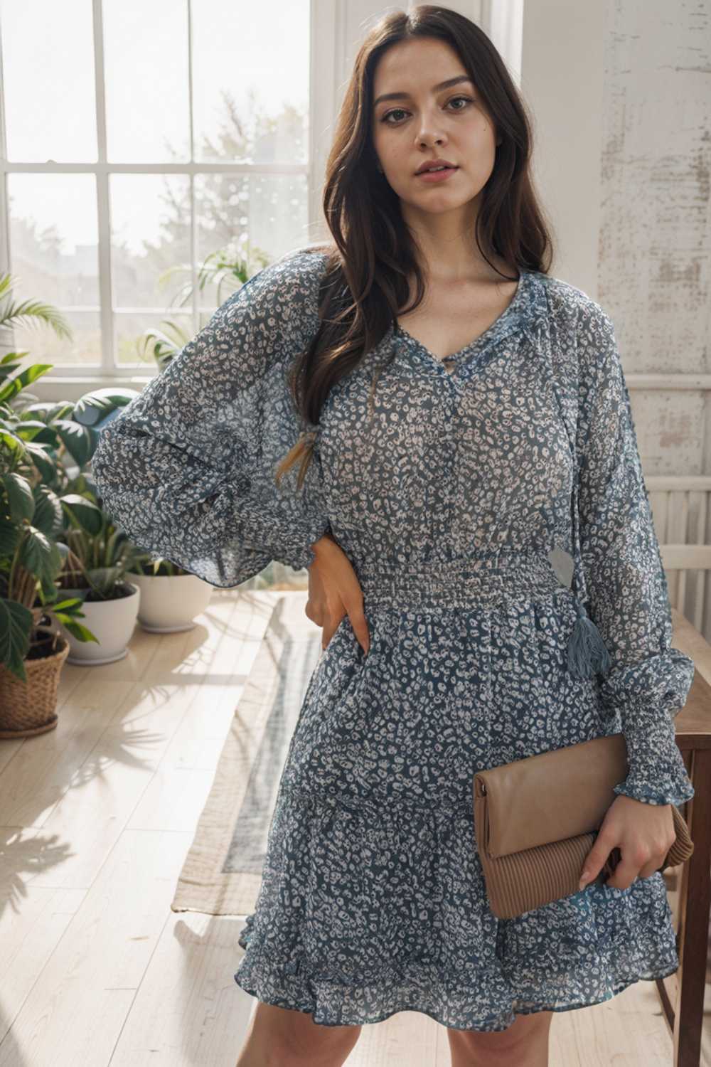 loose leopard print v neck dress drop shoulder a line closed cape paneled 111822