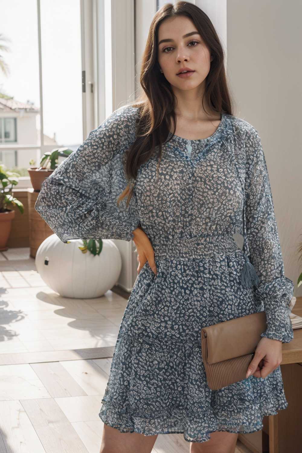 loose leopard print v neck dress drop shoulder a line closed cape paneled 110856