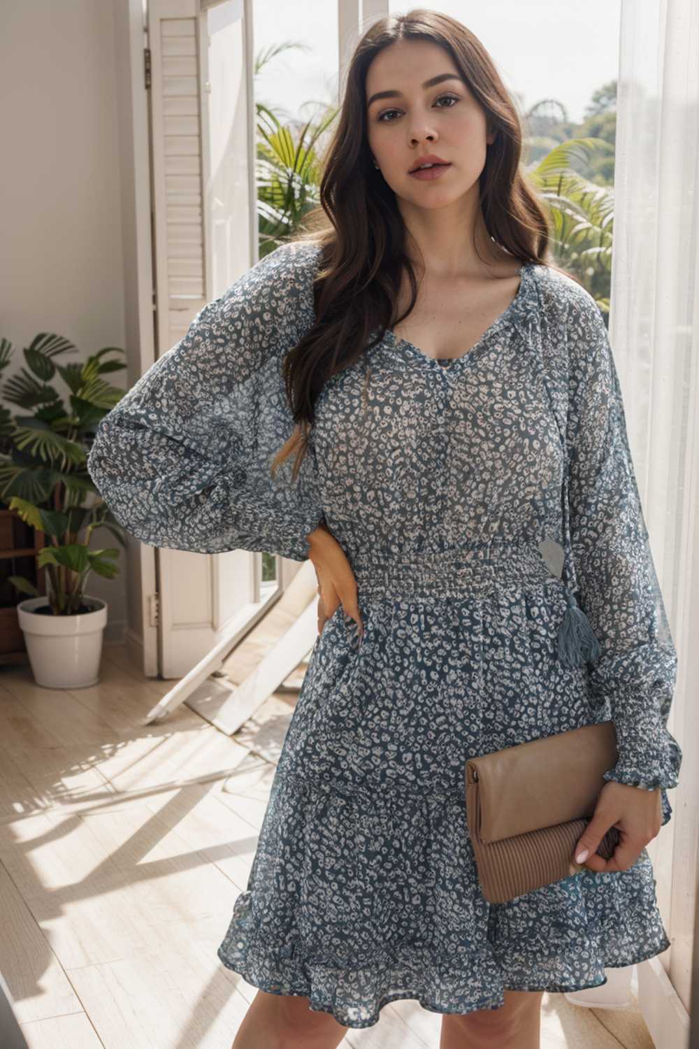 loose leopard print v neck dress drop shoulder a line closed cape paneled 109868