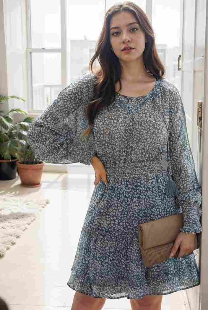 loose leopard print v neck dress drop shoulder a line closed cape paneled 118775