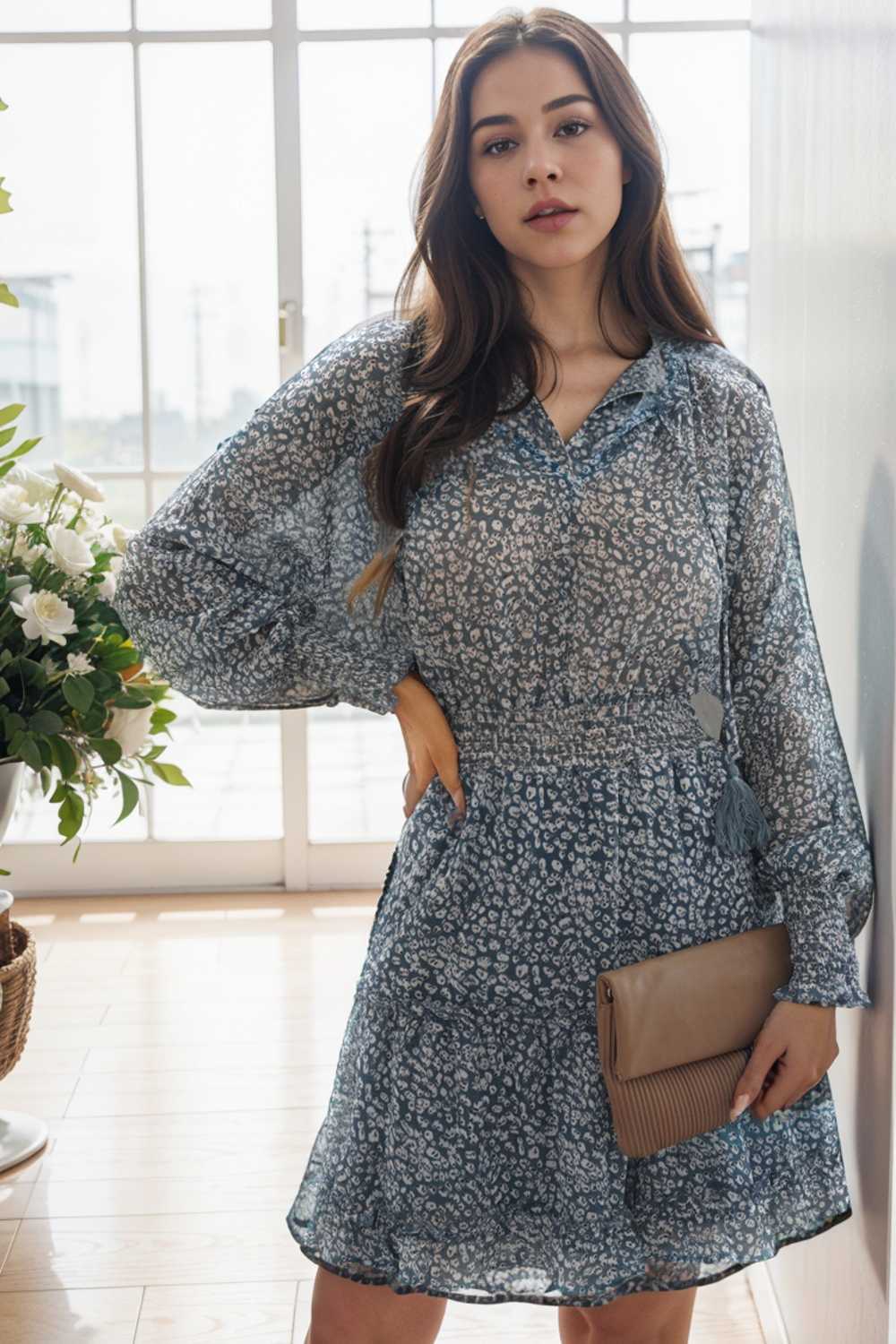 loose leopard print v neck dress drop shoulder a line closed cape paneled 109867