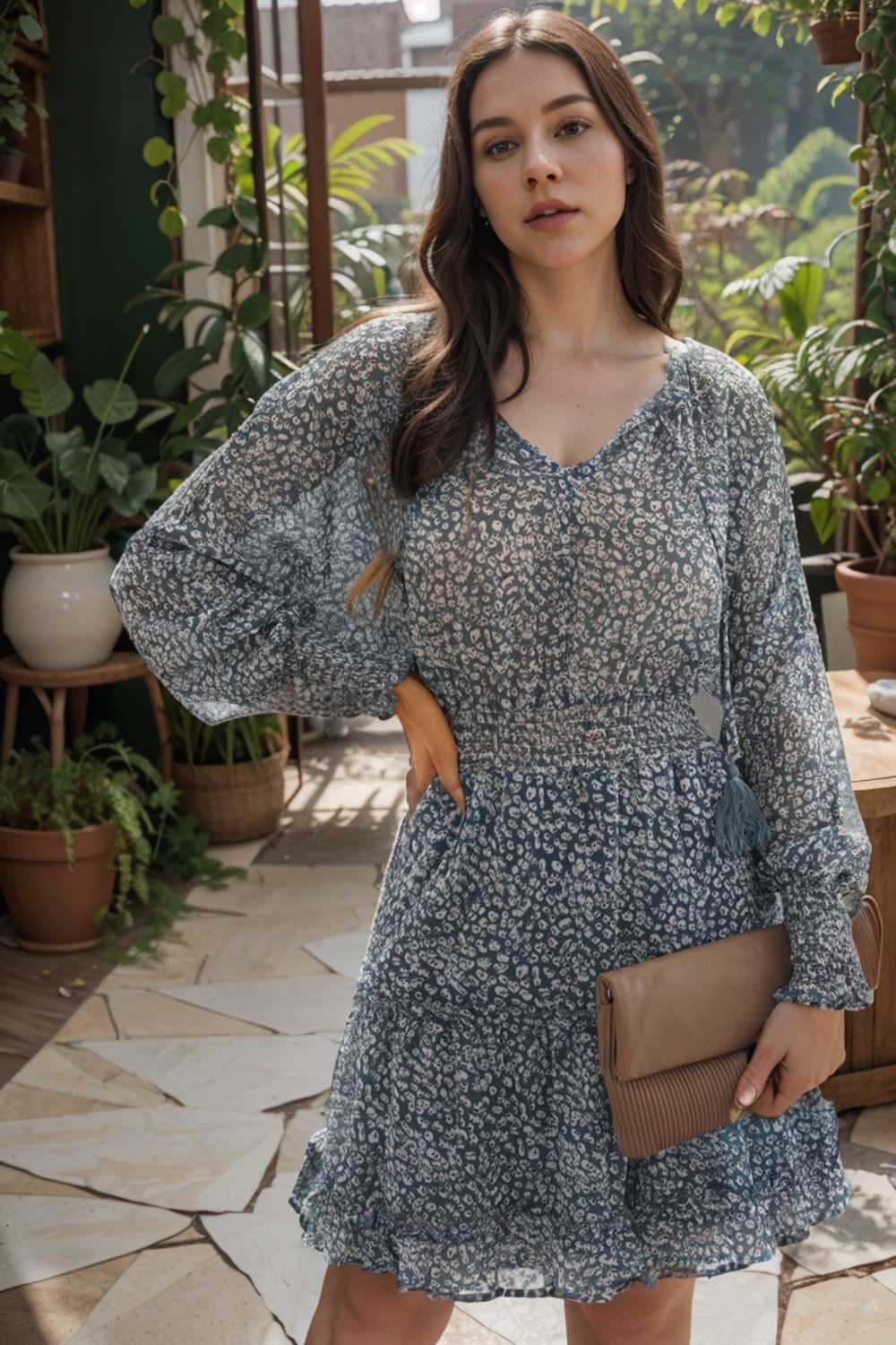 loose leopard print v neck dress drop shoulder a line closed cape paneled 110855