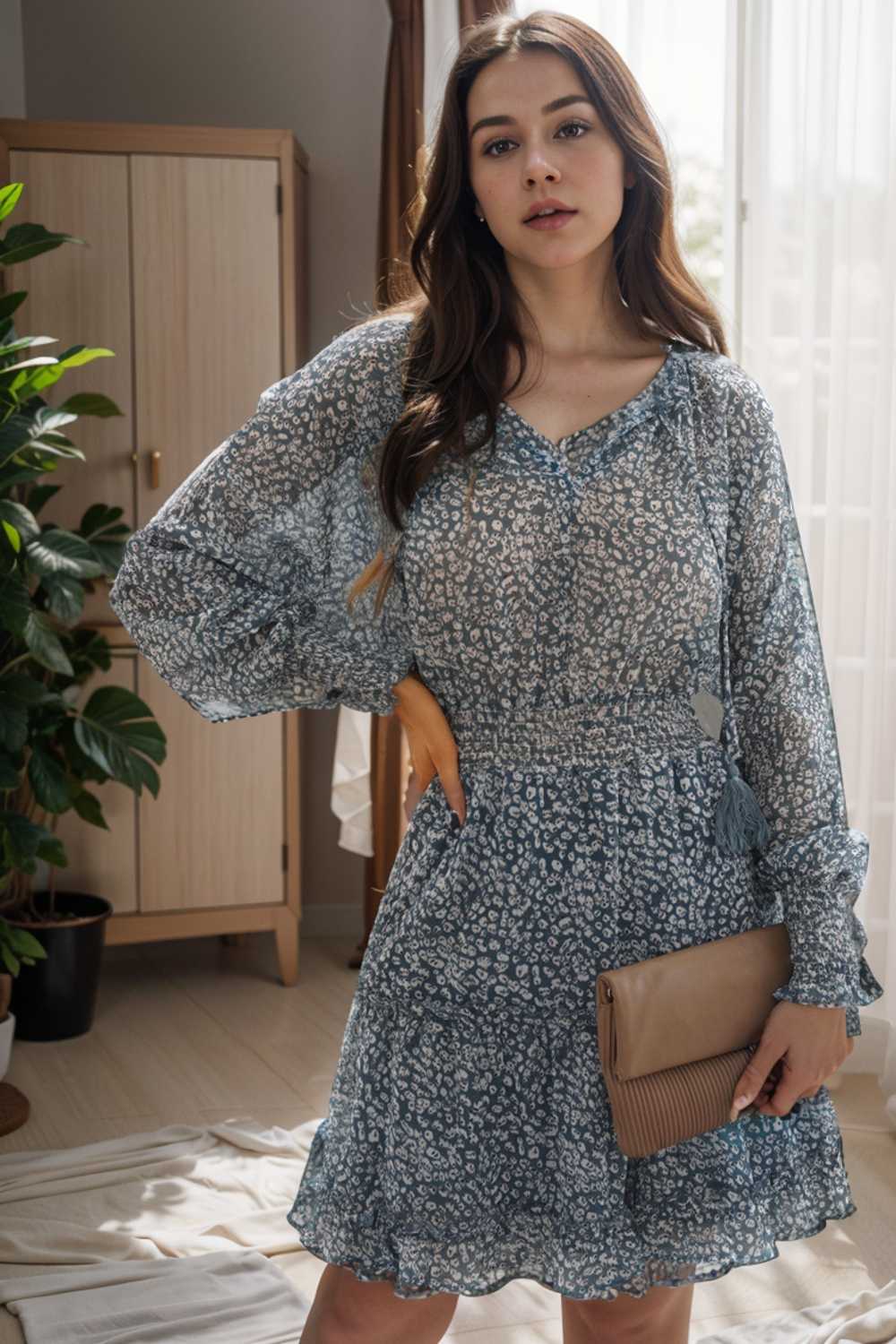 loose leopard print v neck dress drop shoulder a line closed cape paneled 109866