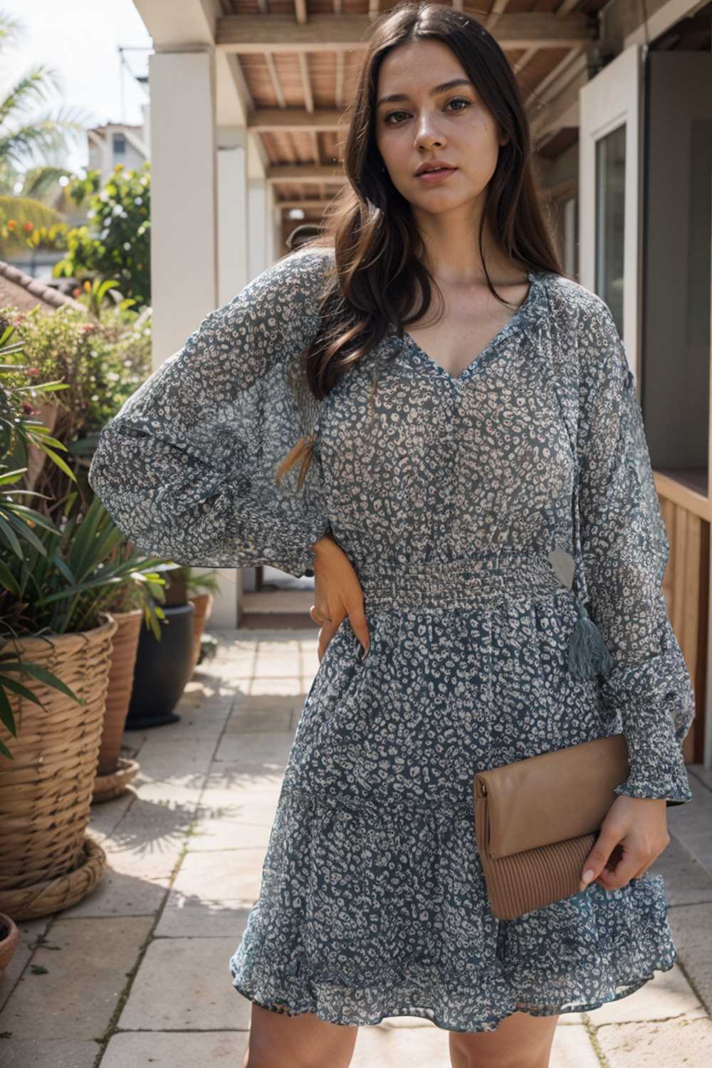 loose leopard print v neck dress drop shoulder a line closed cape paneled 132850