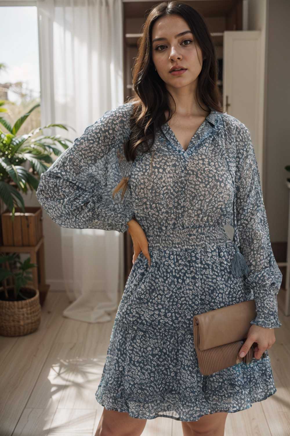 loose leopard print v neck dress drop shoulder a line closed cape paneled 115701
