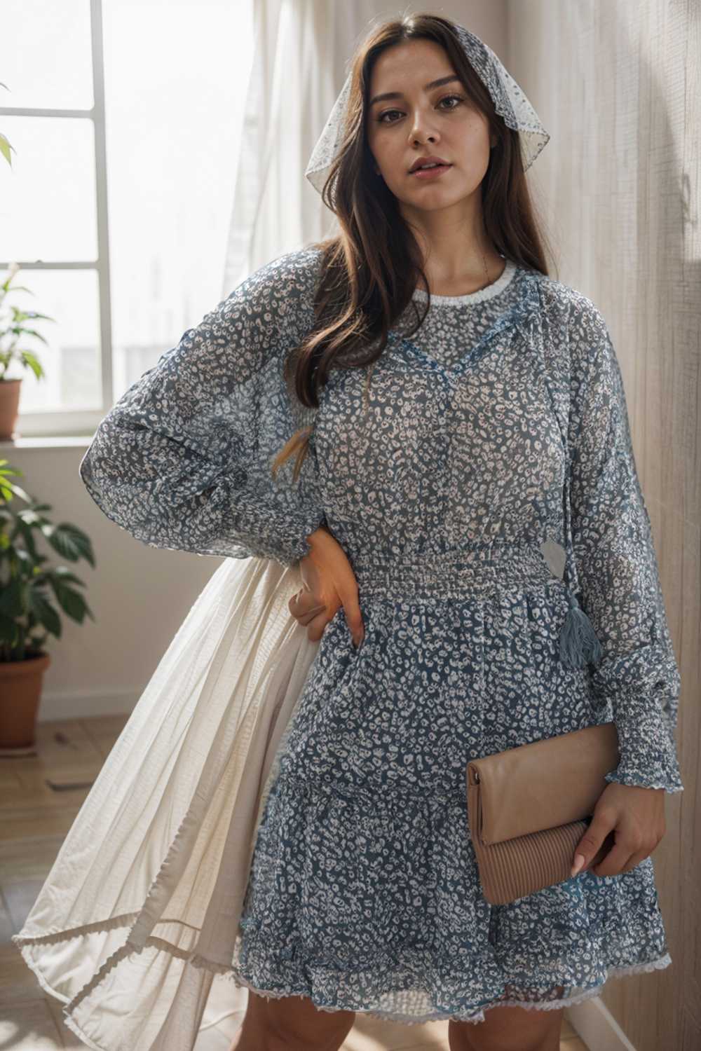 loose leopard print v neck dress drop shoulder a line closed cape paneled 115700