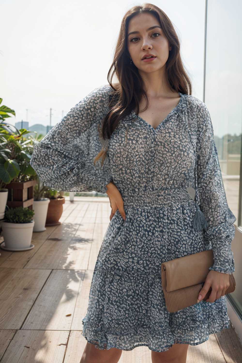loose leopard print v neck dress drop shoulder a line closed cape paneled 130348