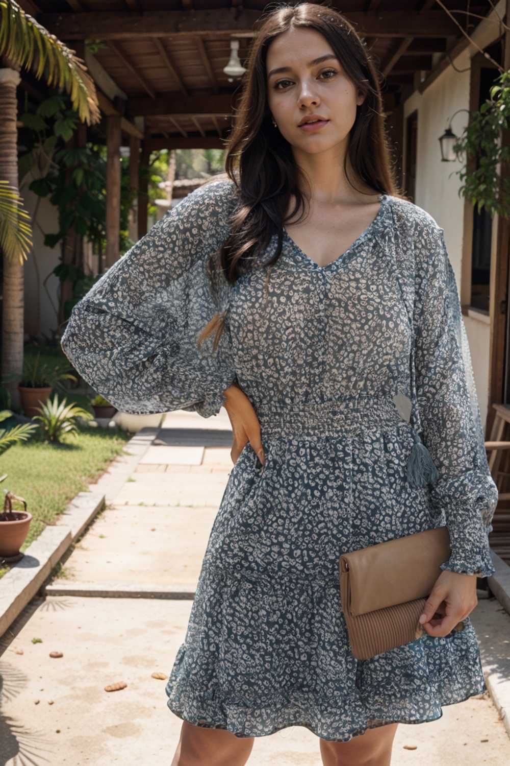 loose leopard print v neck dress drop shoulder a line closed cape paneled 115699