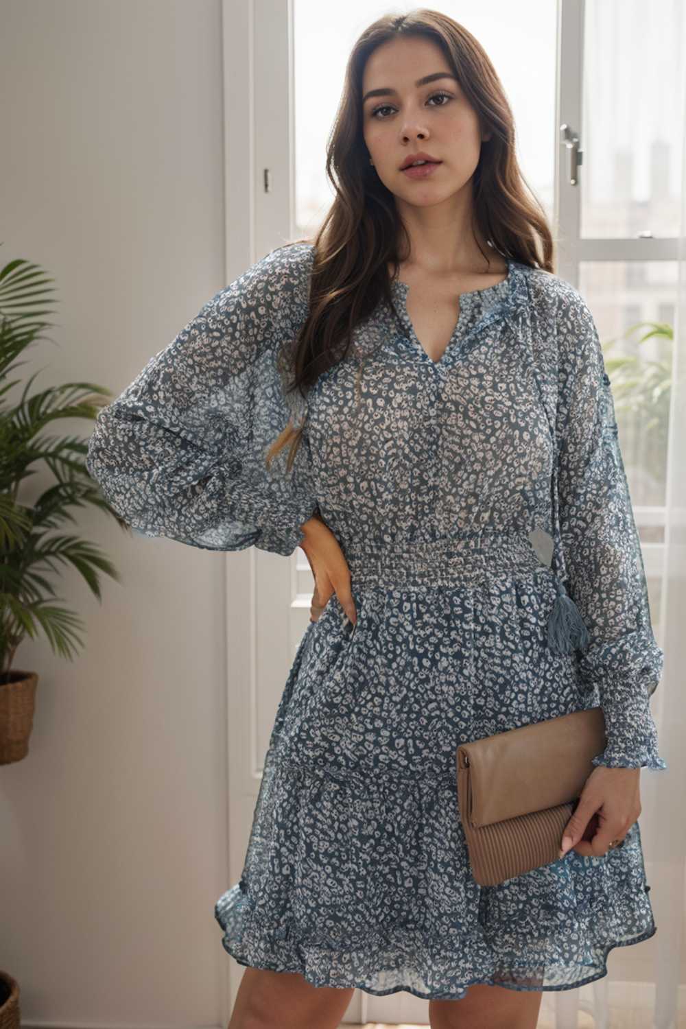 loose leopard print v neck dress drop shoulder a line closed cape paneled 109864