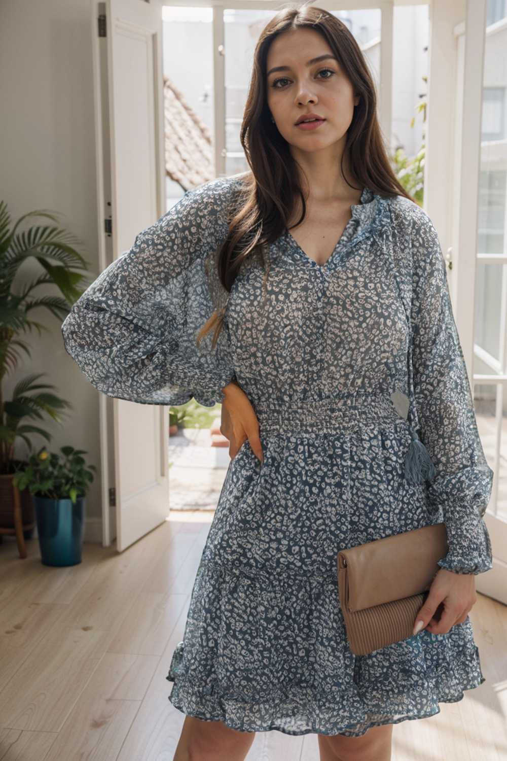 loose leopard print v neck dress drop shoulder a line closed cape paneled 115698