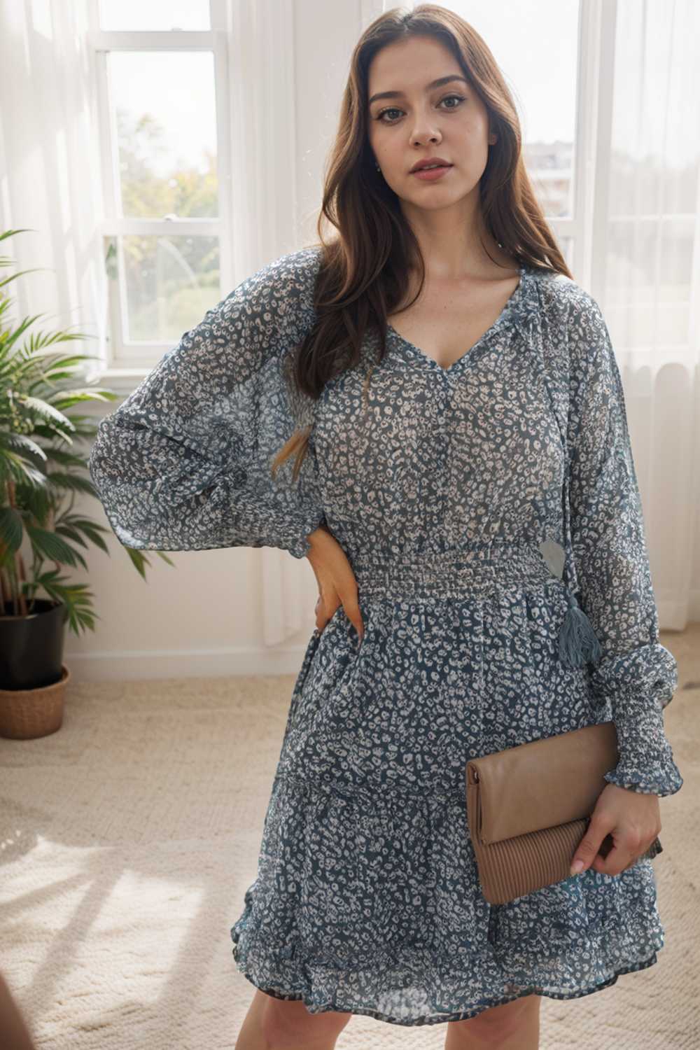 loose leopard print v neck dress drop shoulder a line closed cape paneled 130347
