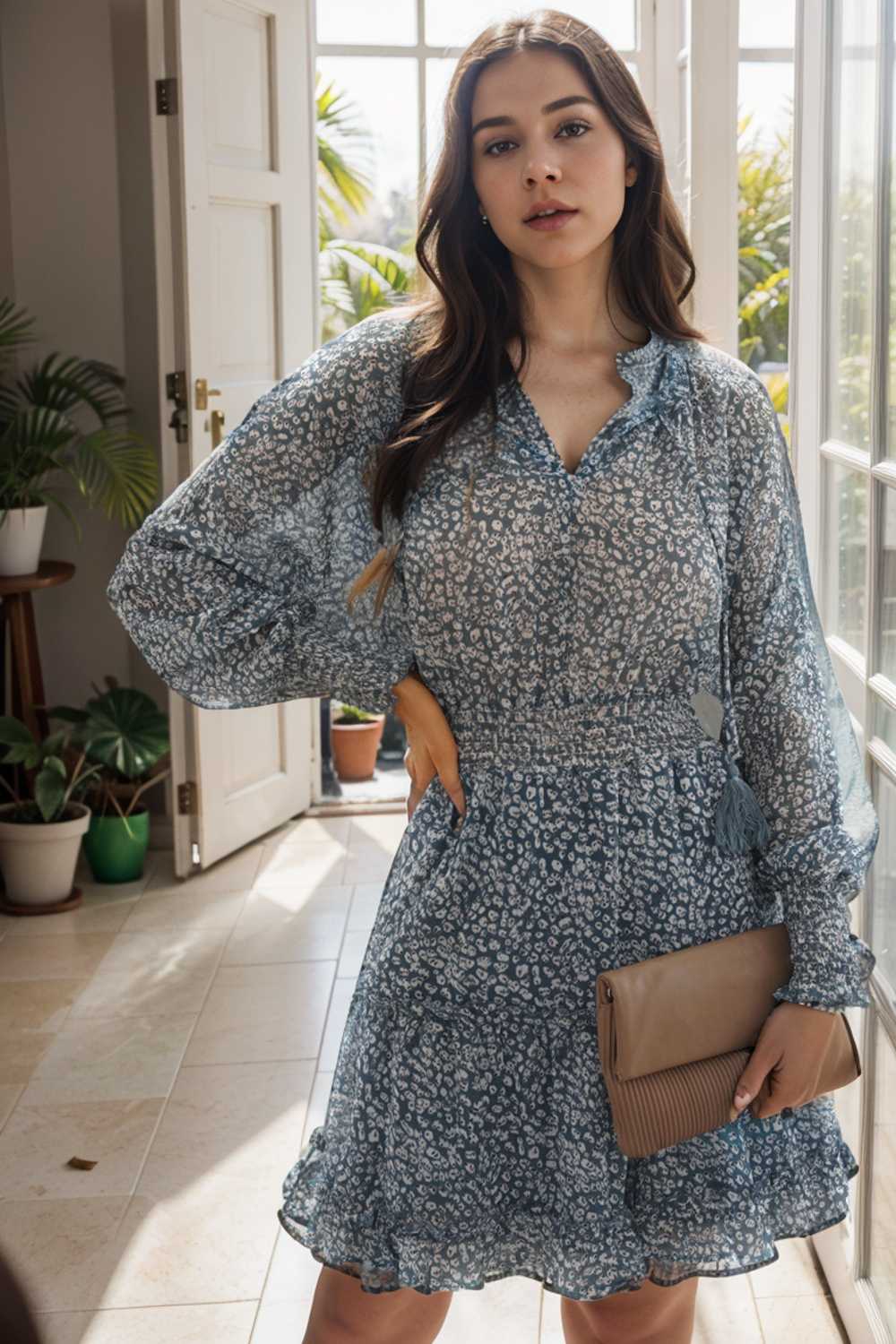 loose leopard print v neck dress drop shoulder a line closed cape paneled 109863