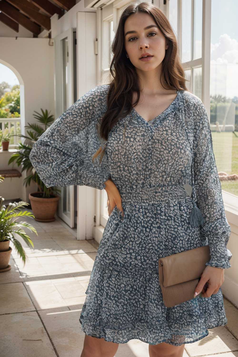 loose leopard print v neck dress drop shoulder a line closed cape paneled 109862