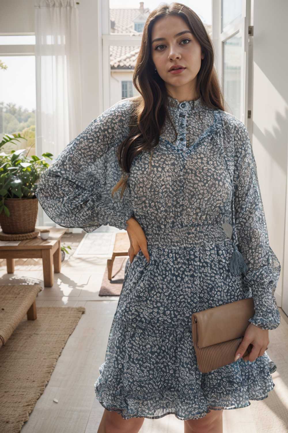 loose leopard print v neck dress drop shoulder a line closed cape paneled 115697