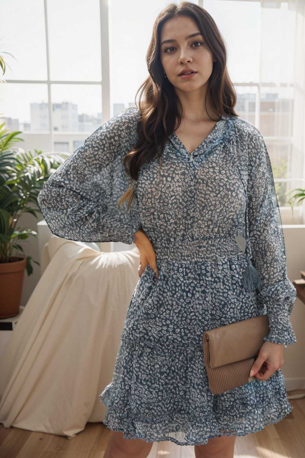 loose leopard print v neck dress drop shoulder a line closed cape paneled 130345
